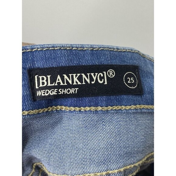 Blank NYC Womens 25 Medium‎ Wash Mid Rise Distressed Frayed Wedge Jean Shorts - Picture 5 of 6